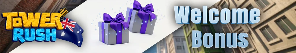 Exclusive premium gift box with purple ribbons illustrating attractive welcome bonuses for new Tower Rush customers.